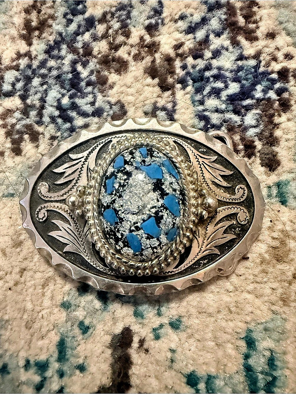 Western Turquoise Belt Buckle in Blue & Silver
